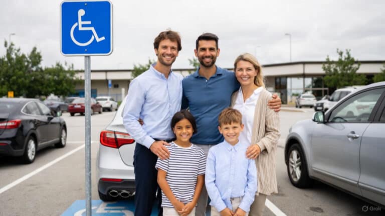 תו נכה לחולי סכרת - משפחה מחייכת ליד שלט חניה לנכים וזכויות נגישות
