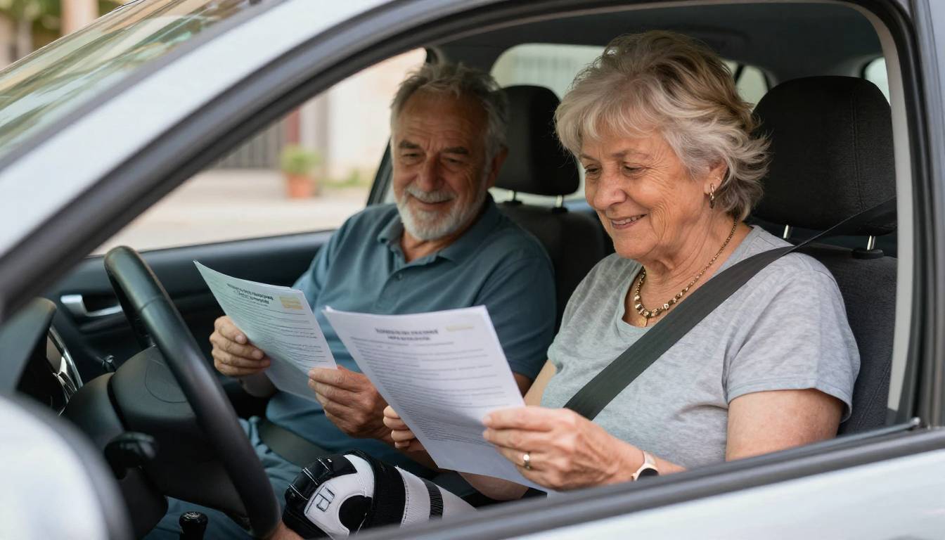 זוג מבוגר בוחן מסמכי בקשה לתו נכה ברכב לאחר החלפת מפרק
