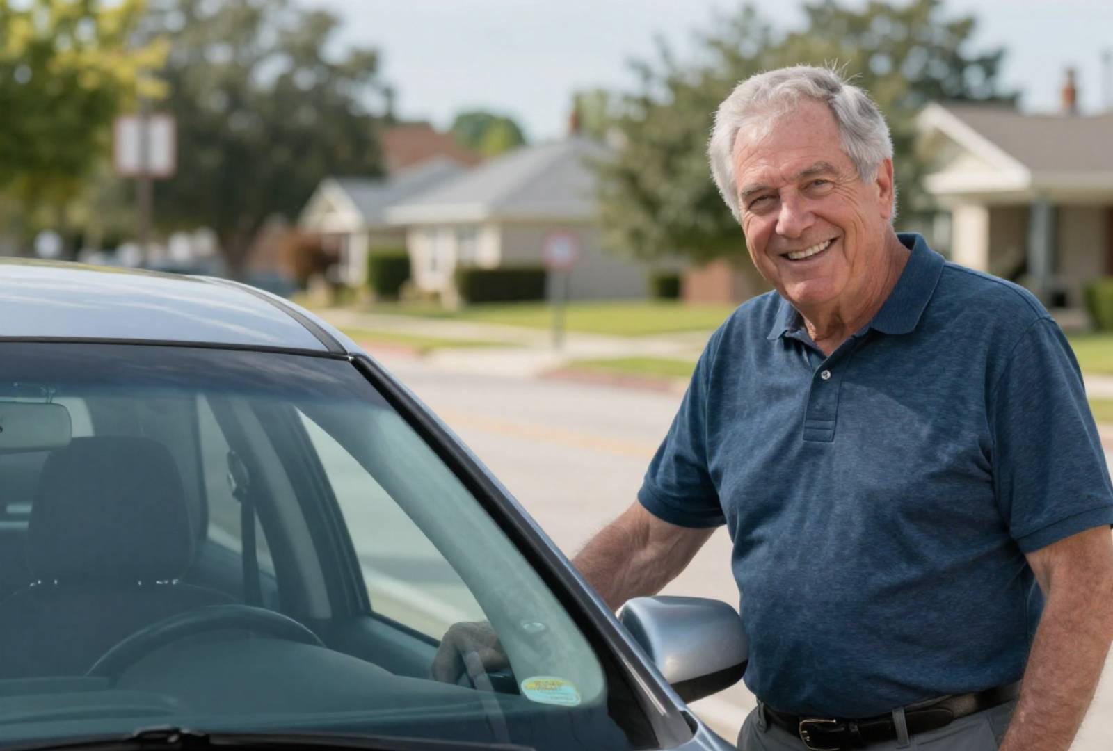 אדם מבוגר מחייך ליד רכב עם תו נכה לאחר החלפת מפרק ירך