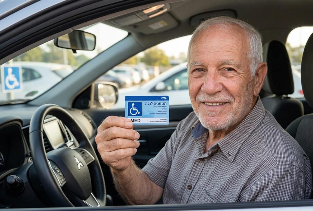 אדם מבוגר עם תג חניה לנכה-ברכב