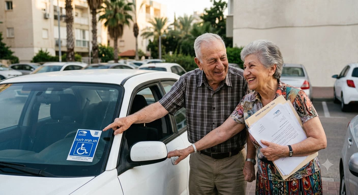 זוג מבוגרים שמחים ליד רכבם לאחר קבלת תו נכה ללא אחוזי נכות