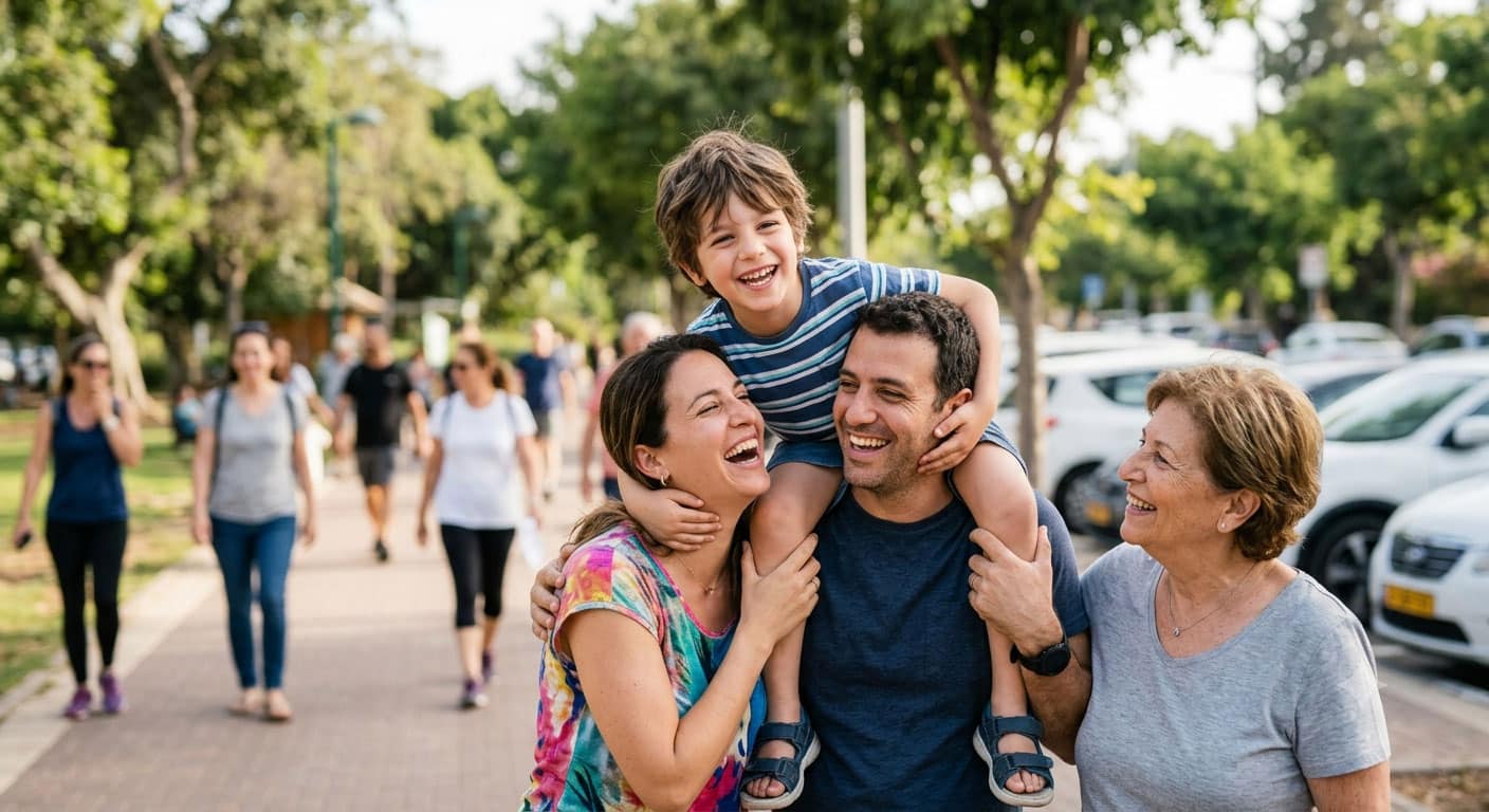 משפחה מאושרת עם ילד על הספקטרום האוטיסטי בפארק, נהנית מניידות ונגישות בזכות תו נכה לרכב לאוטיסט.
