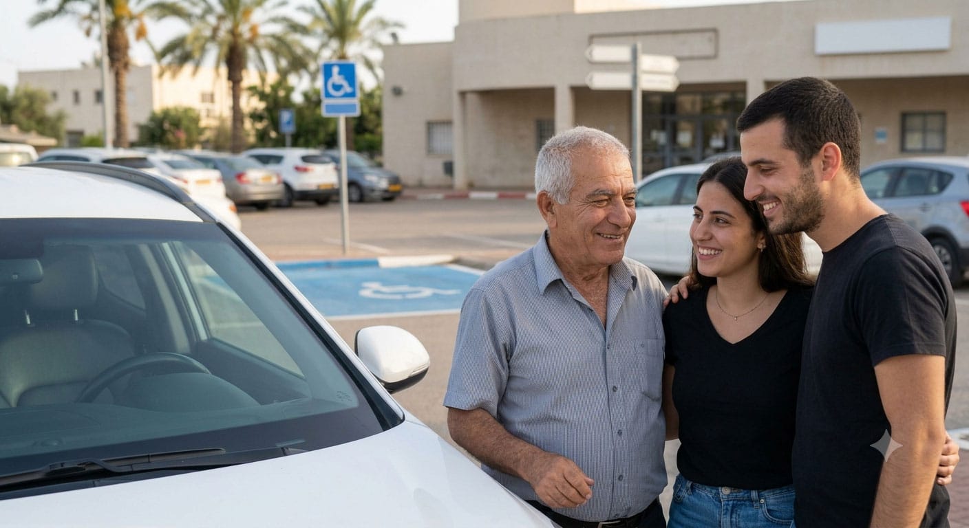 רכב חונה בחניית נכים מסומנת עם משפחה מרוצה ושמחה מהשירות שקיבלו מטופ זכויות רפואיות